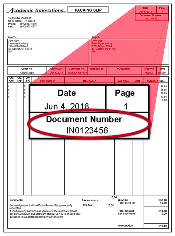 Invoice Image showing the document number in the top right corner